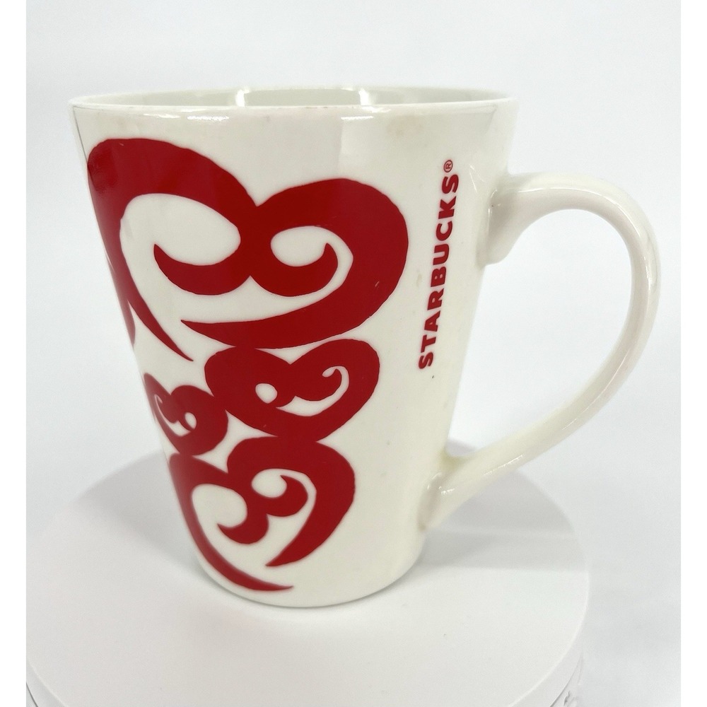 Starbucks 2016 Valentine's Day Ceramic Coffee Cup Mug White w/ Red Swirls 12 Oz